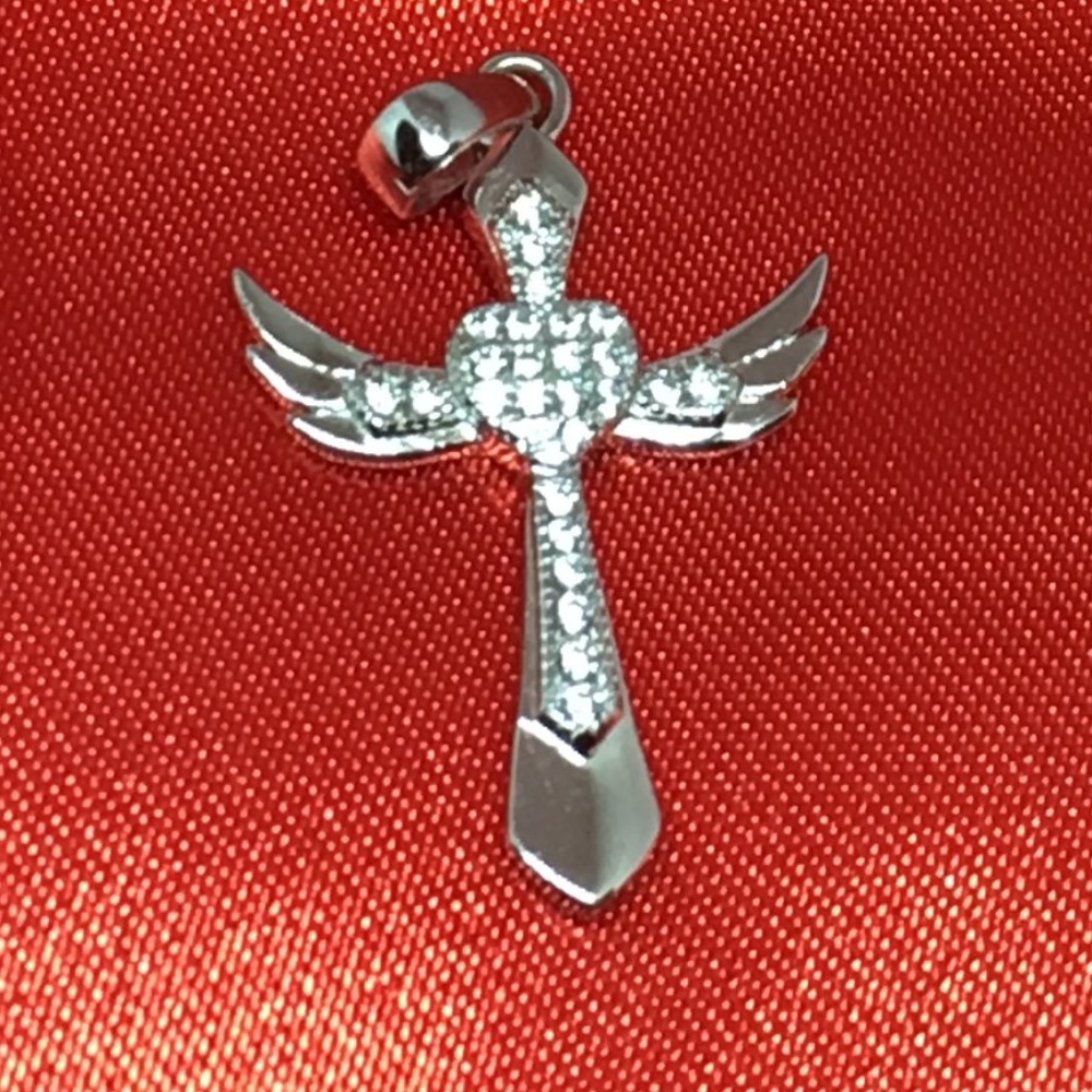 Sterling Silver Winged Cross with Clear CZ pendant